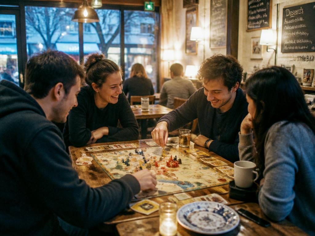 Friends playing a board game around a wooden table in a cozy cafe