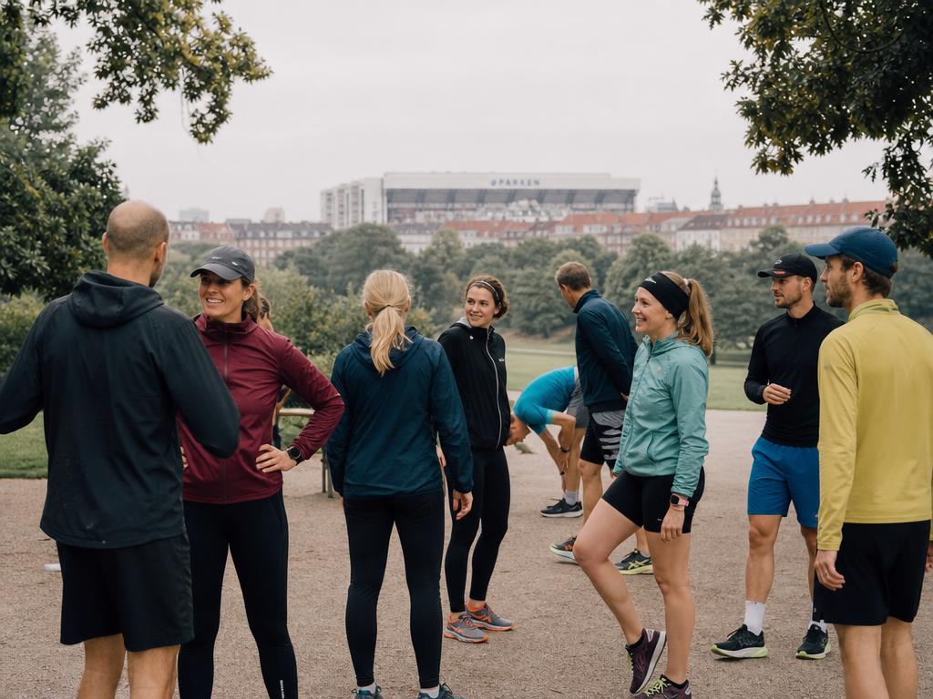 A diverse local running club chatting and stretching together on a path in Fælledparken, Copenhagen, with Parken Stadium visible in the soft morning haze