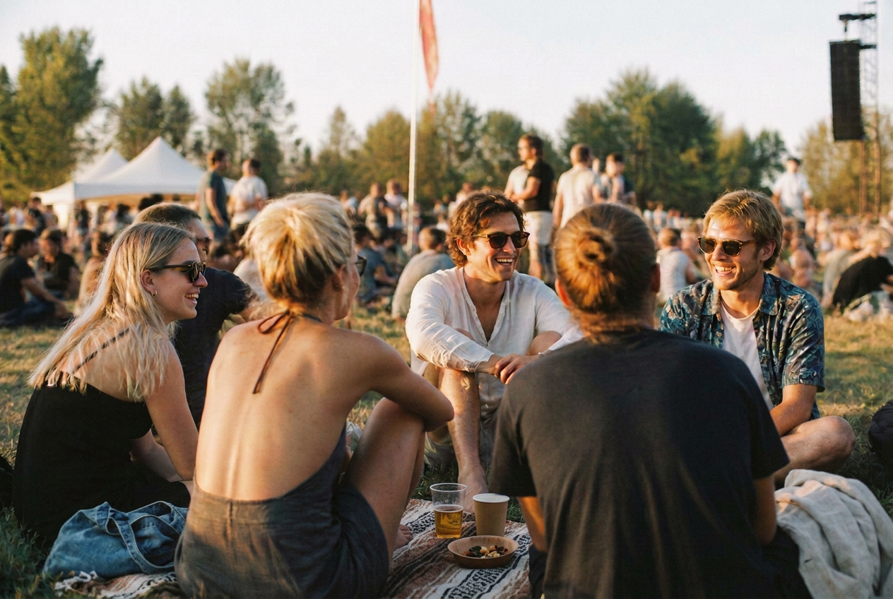 A circle of friends sitting on the grass in late afternoon light at an outdoor festival